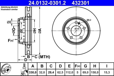 Диск гальмівний перед. Mercedes C (W205), E (A238),E (W213) 2.0-2.2Dh 02.14- ATE 24.0132-0301.2