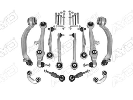 Ремкомплект подвески передн (кон 16.3*21.4mm, рычаги 8шт, наконечн, стойки стаб, крепежн. болты) VW PASSAT V (3B3), AUDI A6 (4B2, C5) (-05) (89-07079) AYD 8907079