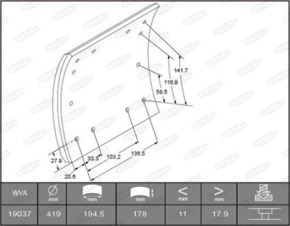 Накладки гальмівні WVA19036 необхідні заклепки: L9 96шт BERAL 1903618600015606