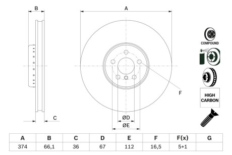 Гальмівний диск BMW 340/550/550/725-750/X5 \'\'FL d=374mm \'\'15>> BOSCH 0986479F60