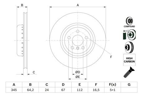 Гальмівний диск BMW 3/5/7/X3/X4/X5/X6 d=345mm \'\'R \'\'16>> - кр. 1 ШТ BOSCH 0986479F61 (фото 1)