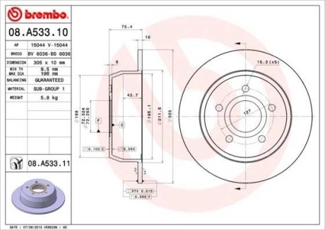 Диск тормозной, окрашенный BREMBO 08.A533.11