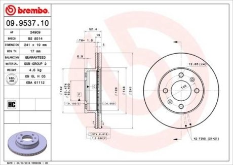 Гальмівний диск BREMBO 09.9537.10 (фото 1)