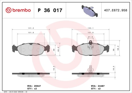 Колодки гальмівні дискові, комплект BREMBO P 36 017