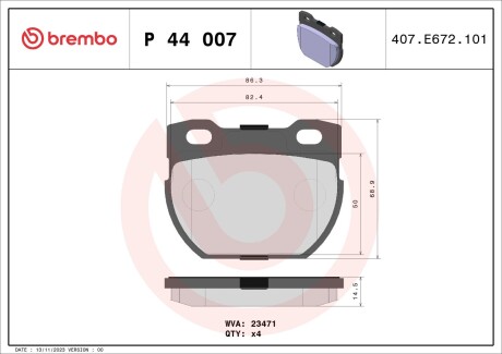 Колодки гальмівні дискові, комплект BREMBO P 44 007