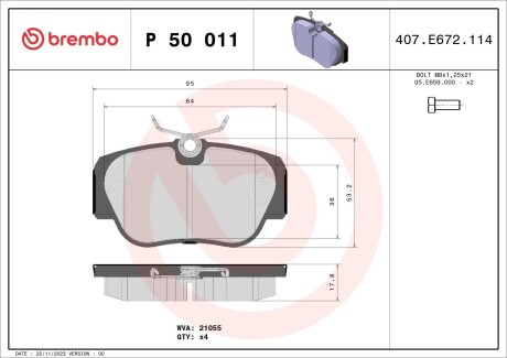 Колодки гальмівні дискові, комплект BREMBO P 50 011 (фото 1)