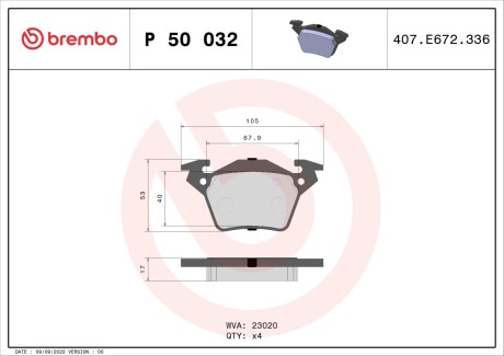 Колодки гальмівні дискові задні, комплект BREMBO P 50 032