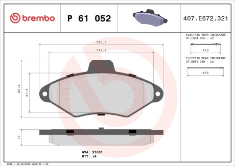 Колодки гальмівні дискові, комплект BREMBO P 61 052