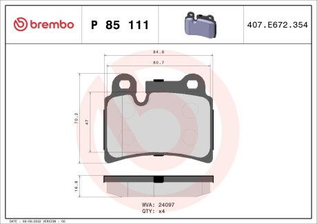 Колодки гальмівні дискові задні, комплект BREMBO P 85 111