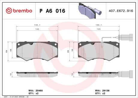 Колодки гальмівні дискові, комплект BREMBO P A6 016