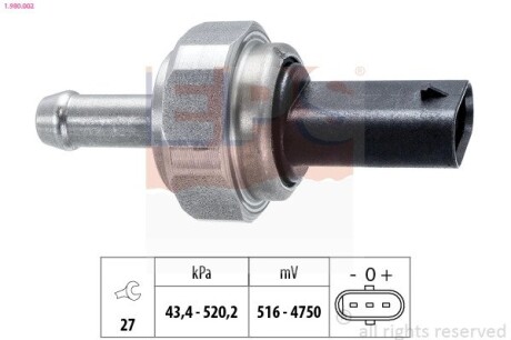 Датчик тиску відпрацьованих газів BMW 1 (F20/F21) 1.4d-2.5d/3 (E90/F30/F80) 1.6d-2.5d/5 (F10/F11)/X5 (F15/F85) 2.5d-3.0d EPS 1.980.002