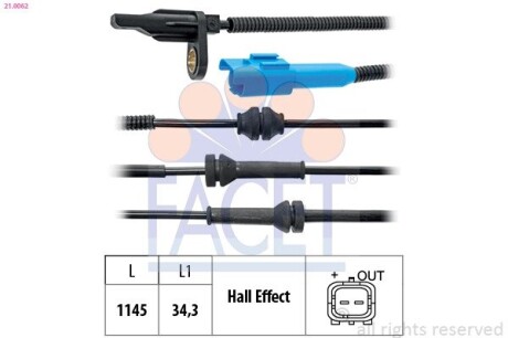 Датчик ABS Citroen C2,C3/Peugeot 1007 02-11 перед Л/Пр (21.0062) FACET 210062