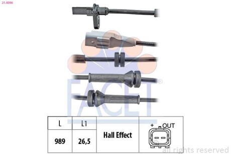 Датчик ABS Citroen BERLINGO/Peugeot 5008, PARTNER 06- задній Л/Пр FACET 210096