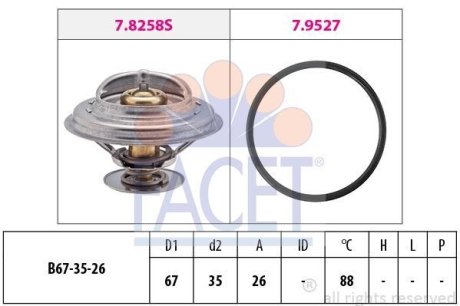 Термостат BMW 3(E30/E36)/5(E34)/ Volvo 940 1.6-2.8 87-00 (88C) з прокладкою (7.8258) FACET 78258 (фото 1)