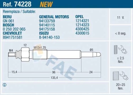 Свічка розжарення FAE 74228