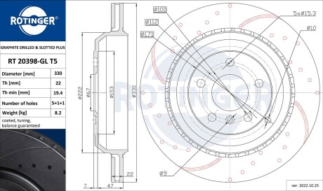 Диск тормозной задний (кратно 2) MB Klasa GL (X164), MB Klasa M (W164) (RT 20398-GL T5) ROTINGER RT20398GLT5