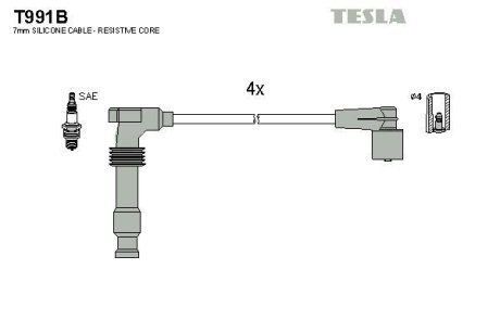 Провода высоковольтные, комплект Opel Astra g 1.4 (98-05),Opel Zafira a 1.6 (99-05) BLATNA TESLA T991B (фото 1)
