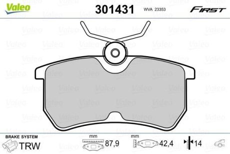 Гальмівні колодки дискові FORD Fiesta/Focus "1,0-2,0 "R "98>> VALEO 301431 (фото 1)