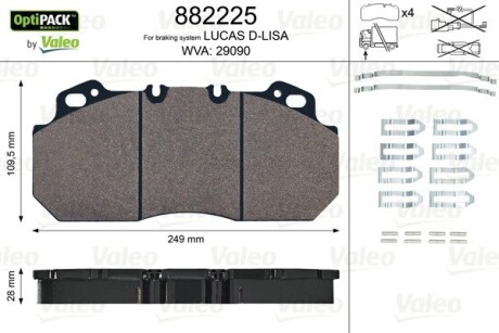 Комплект гальмівних колодок, дискове гальмо, RVI Magnum Premium 249x110x28 VALEO 882225