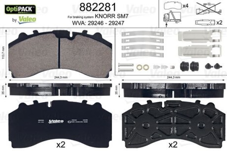 Колодки гальмівні WVA 29246/29247; 244,3x113,7x35 VALEO 882281 (фото 1)