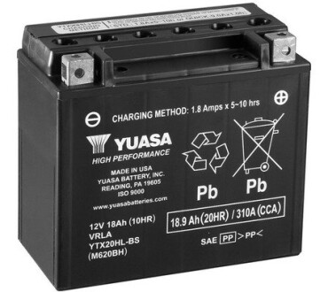 МОТО 12V 18,9Ah High Performance MF VRLA Battery AGM (сухозаряжений) YUASA YTX20HL-BS